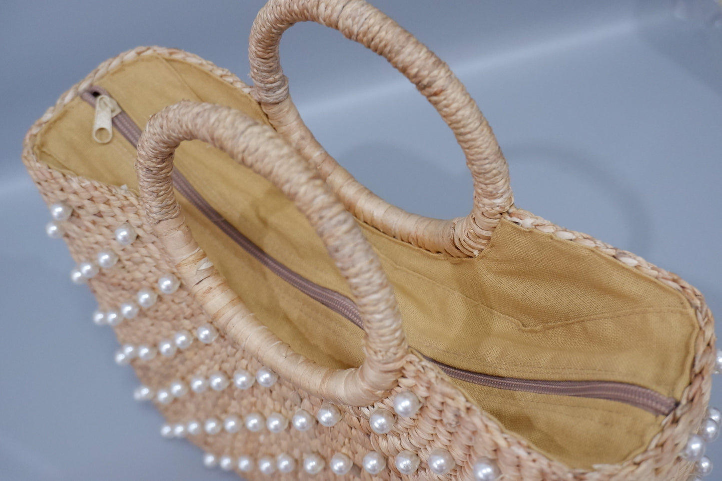 bridal straw bag, wedding handbag with pearls