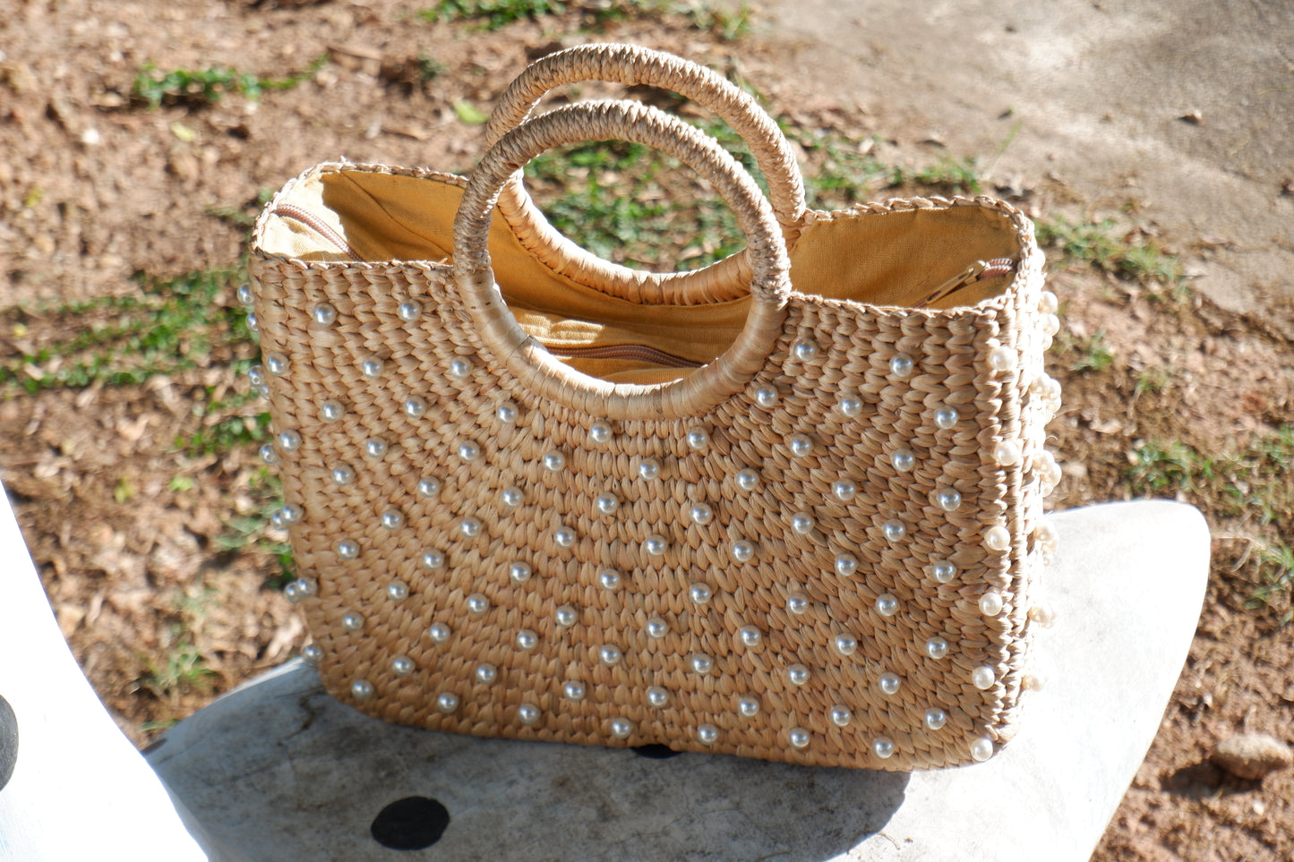 bridal straw bag, wedding handbag with pearls