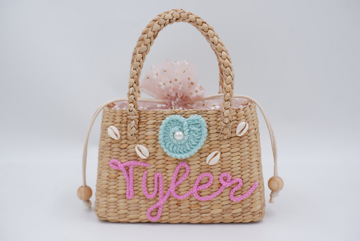 pink kids bag with shell , girl straw purse , straw bag for girls