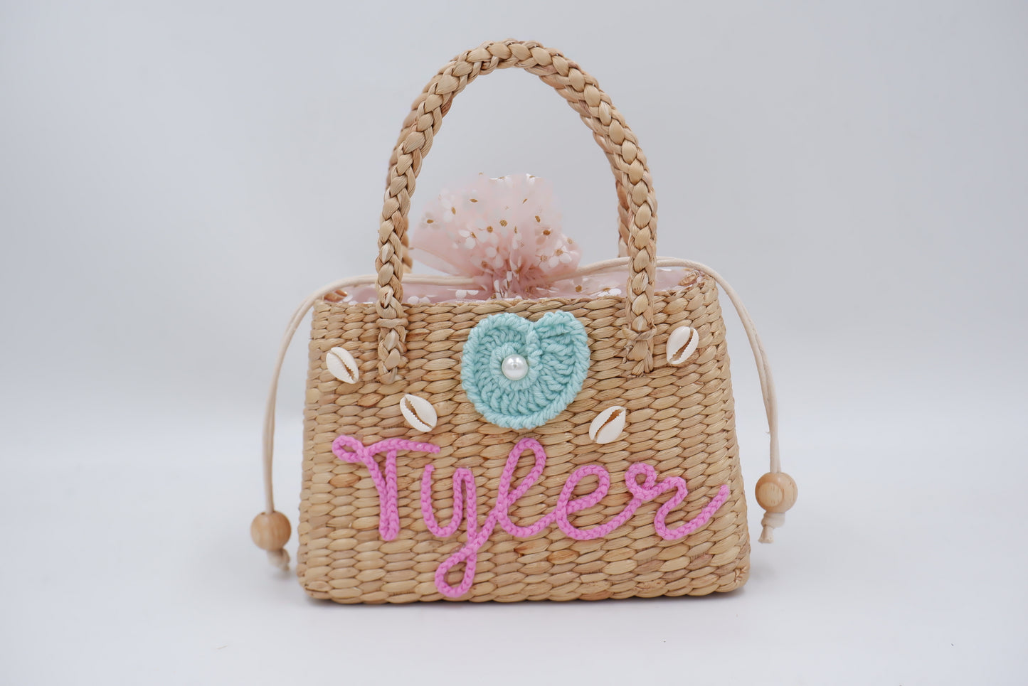 pink kids bag with shell , girl straw purse , straw bag for girls