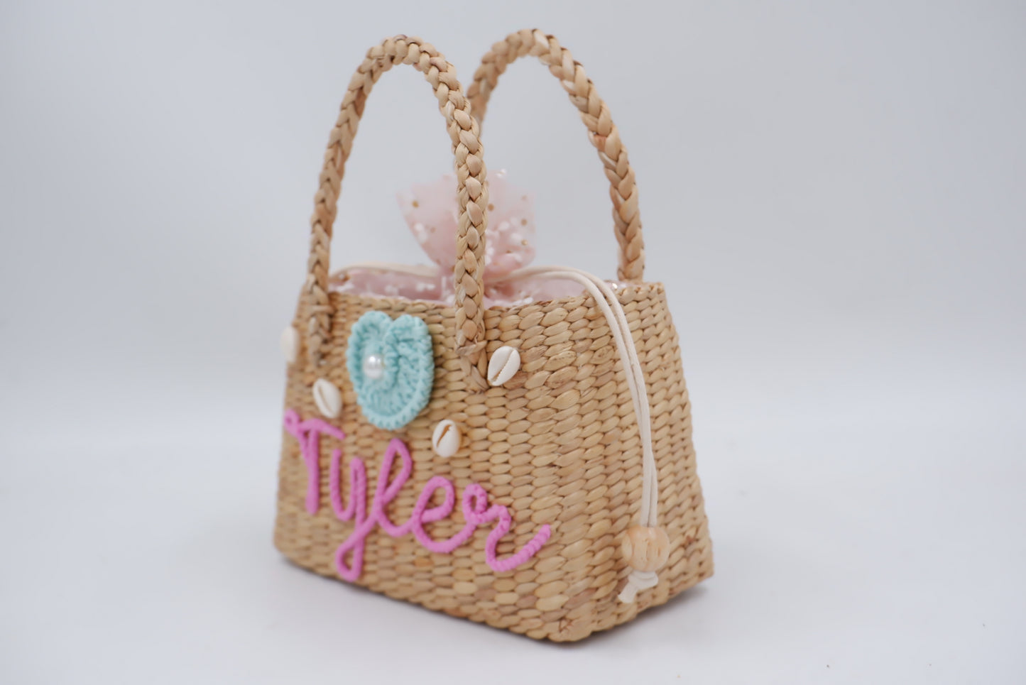 pink kids bag with shell , girl straw purse , straw bag for girls
