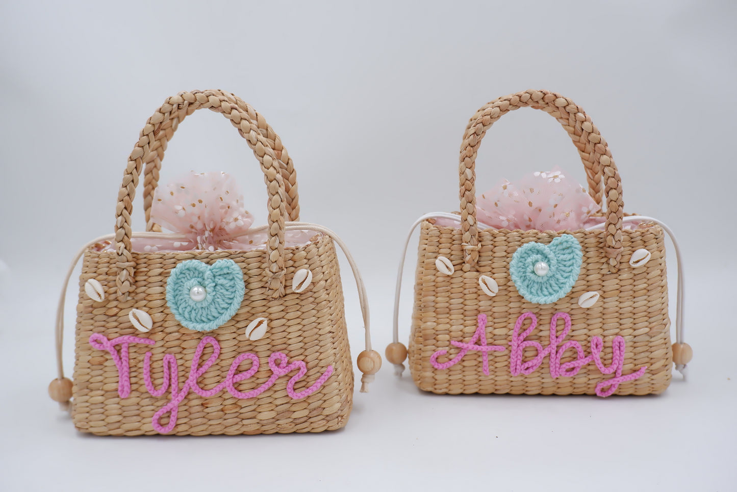 pink kids bag with shell , girl straw purse , straw bag for girls