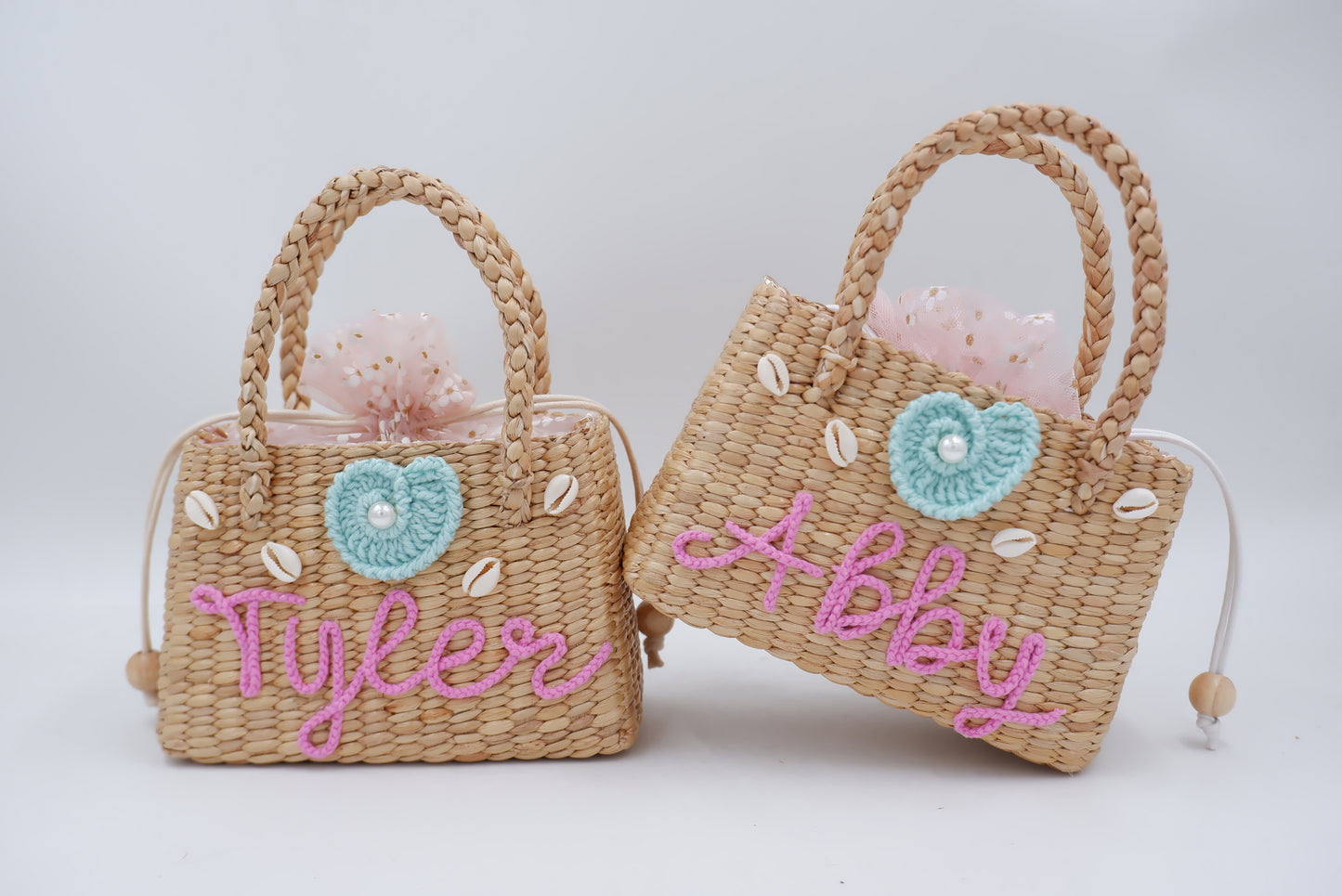 pink kids bag with shell , girl straw purse , straw bag for girls