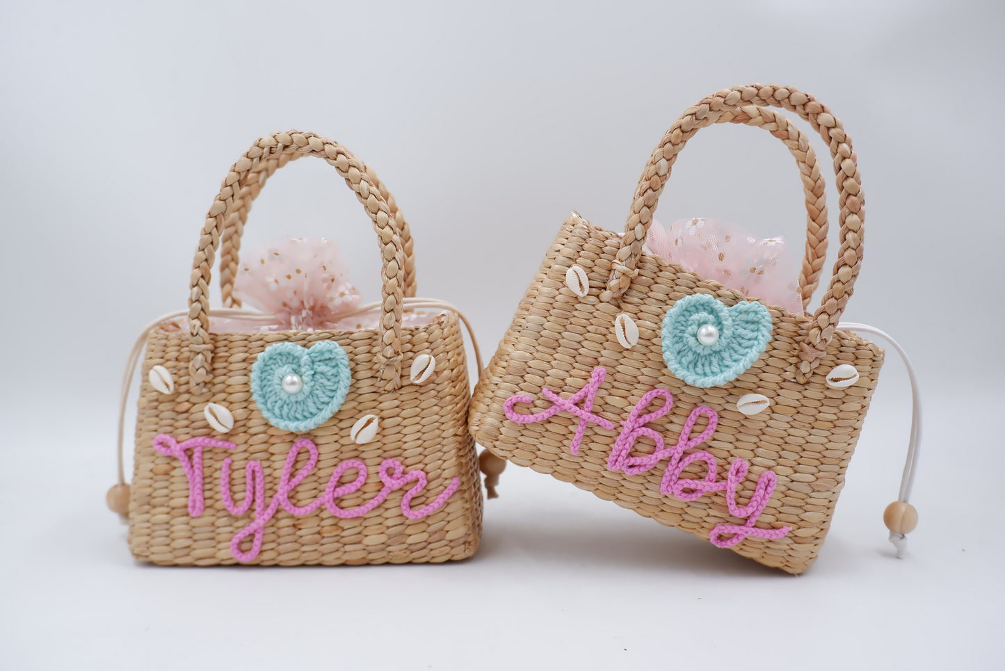 pink kids bag with shell , girl straw purse , straw bag for girls