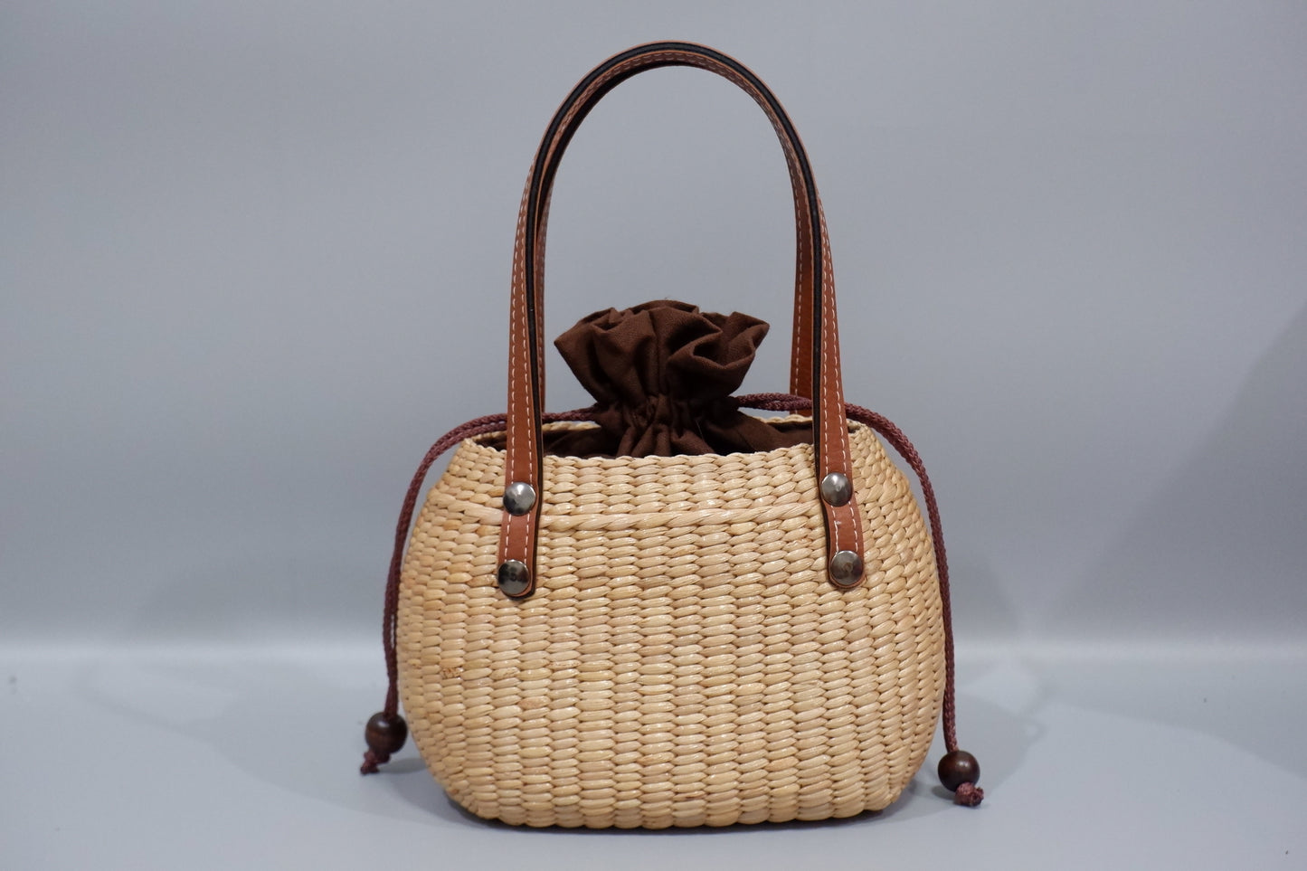 Handmade Water Hyacinth Straw Basket with Leather Handles