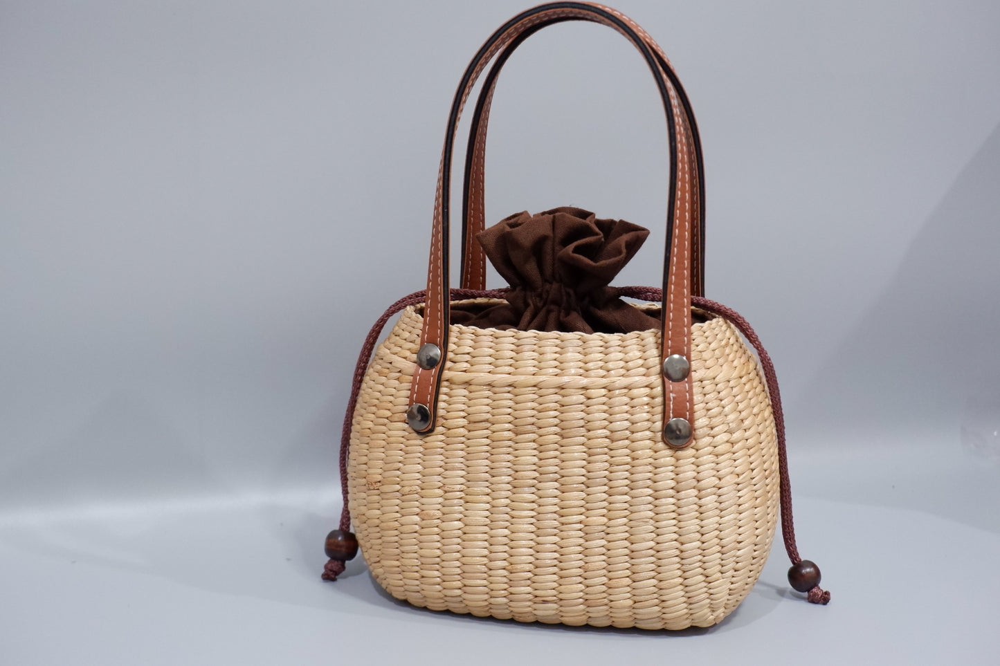 Handmade Water Hyacinth Straw Basket with Leather Handles