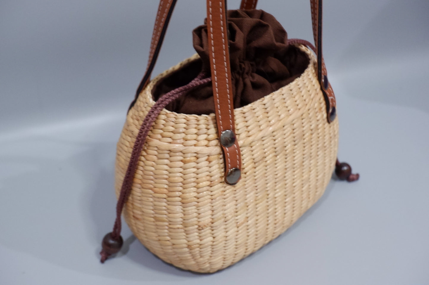 Handmade Water Hyacinth Straw Basket with Leather Handles
