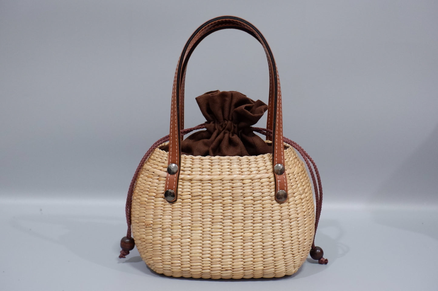 Handmade Water Hyacinth Straw Basket with Leather Handles