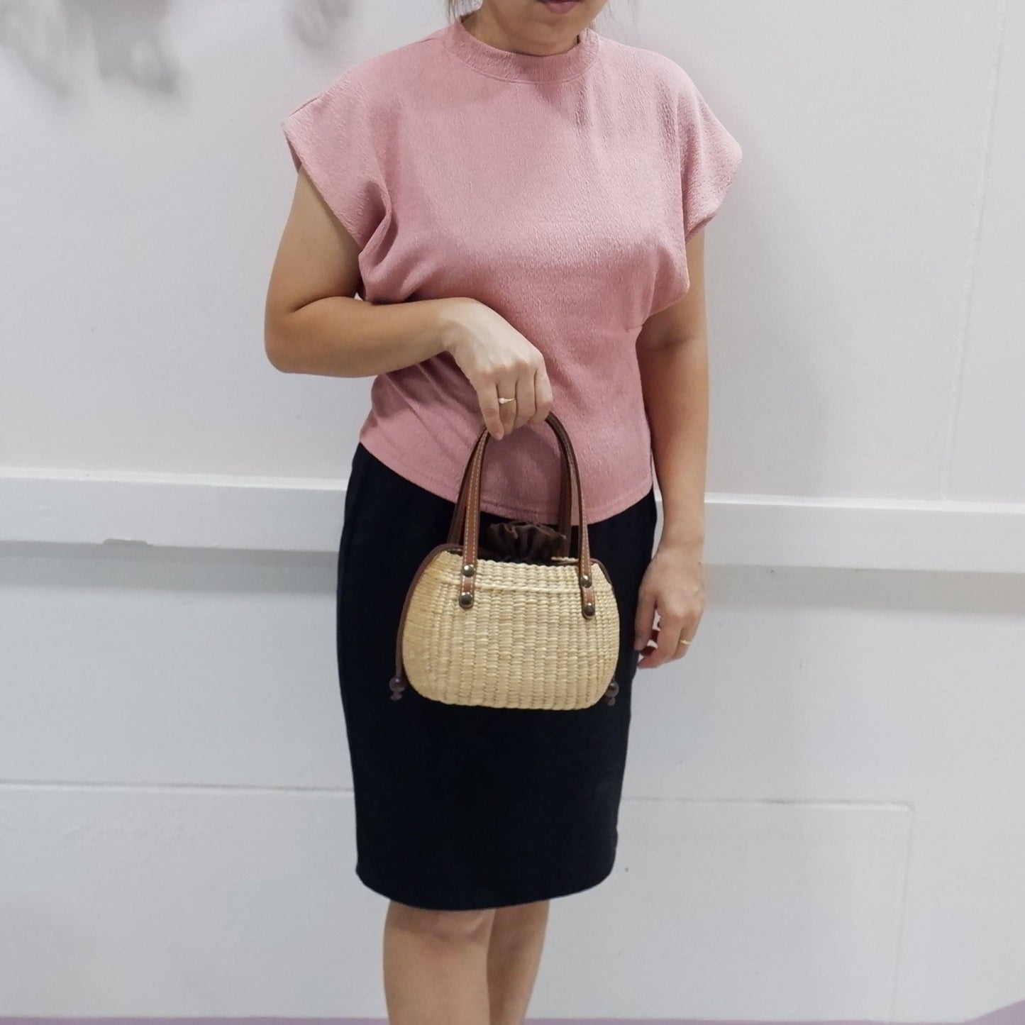 Handmade Water Hyacinth Straw Basket with Leather Handles