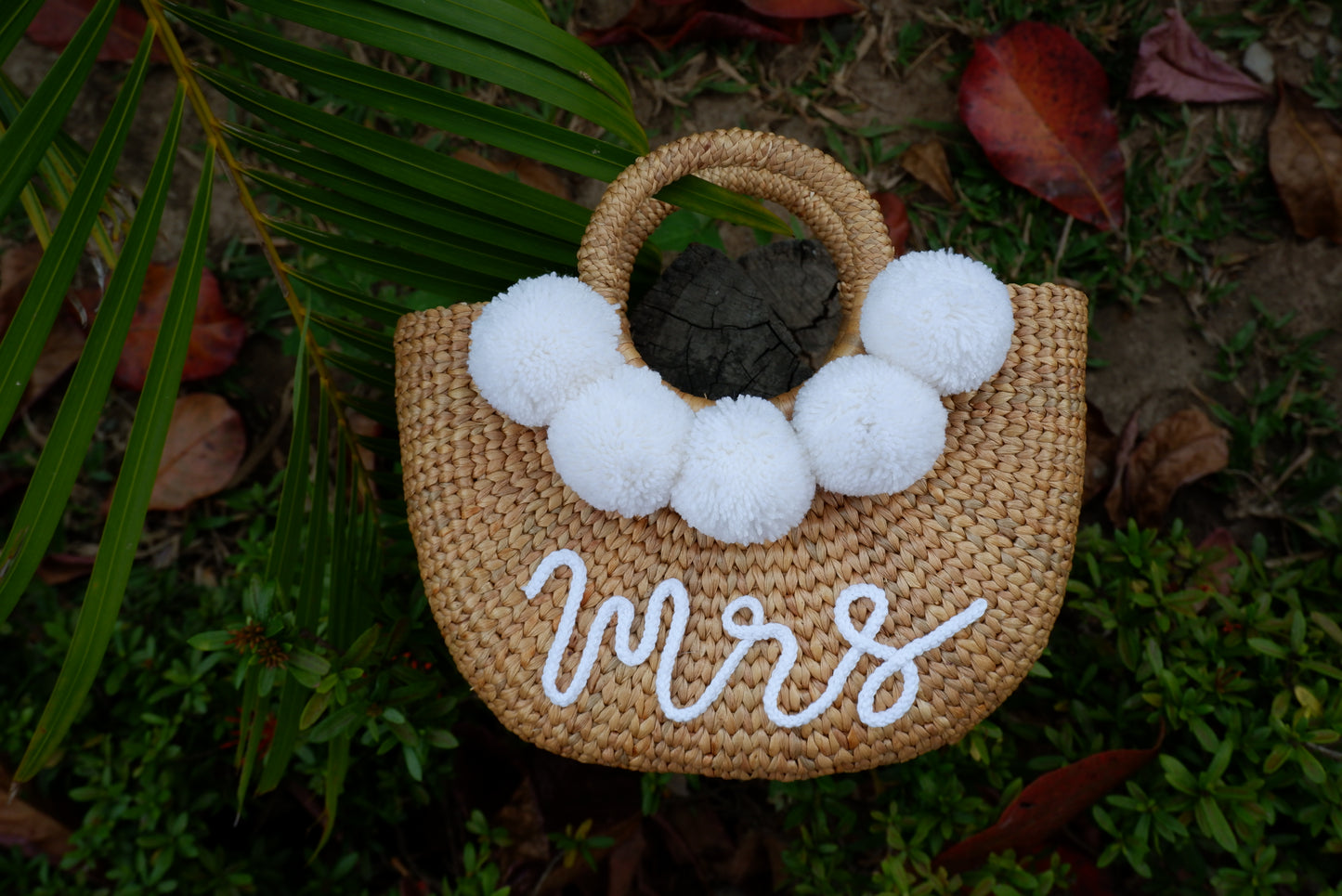 Bride bag mrs beach bag pom pom bag