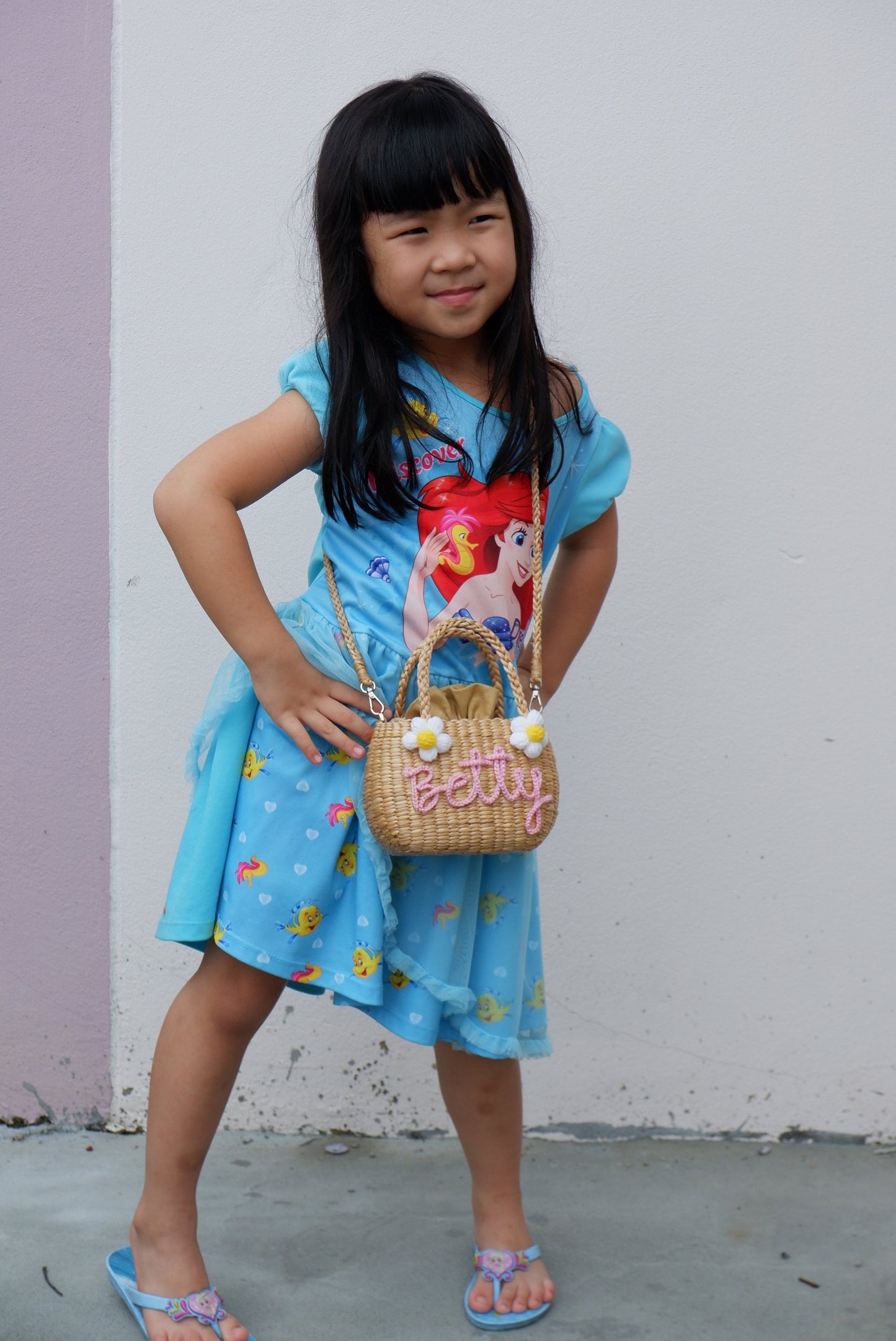Kids straw bag , flower girl purse wicker