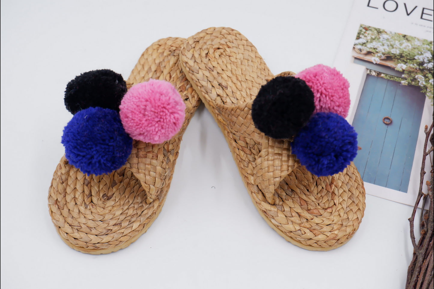 Bridal sandal, pom pom sandals, Beach Sandals, Straw Sandals