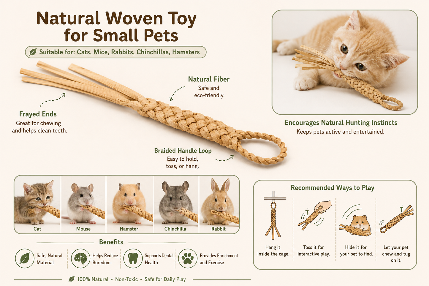 Handwoven Water Hyacinth Cat Wand Toy | Natural Pet Toy for Cats, Rabbits & Small Pets