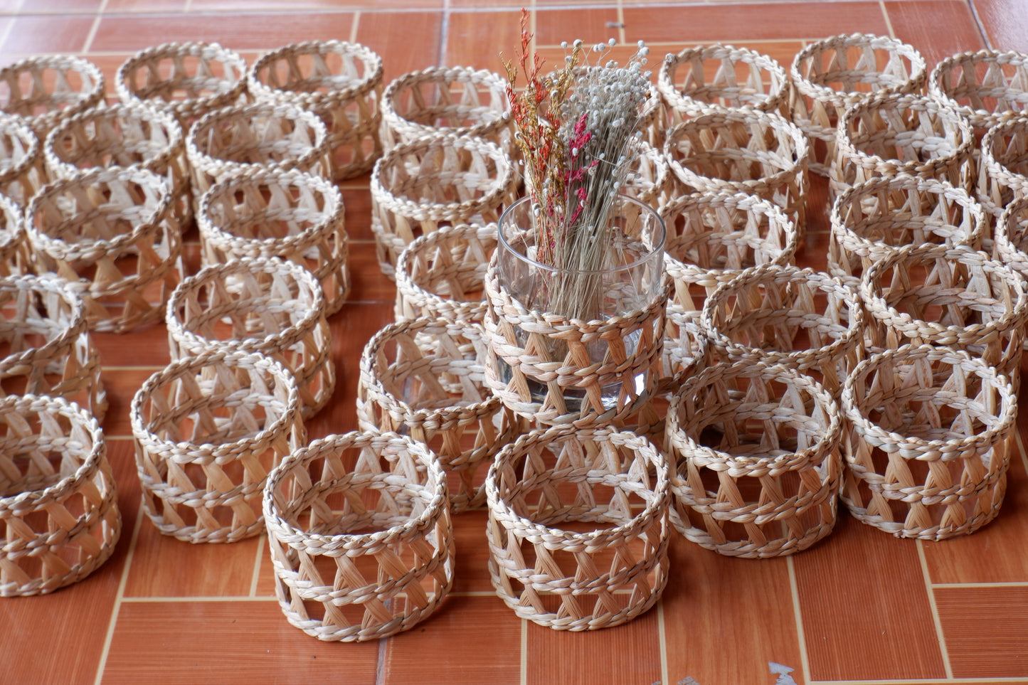 50 pcs glass, Custom Vintage Woven Wicker Wrapped Glass, Woven Seagrass Coasters (only seagrass wrapped without glass)