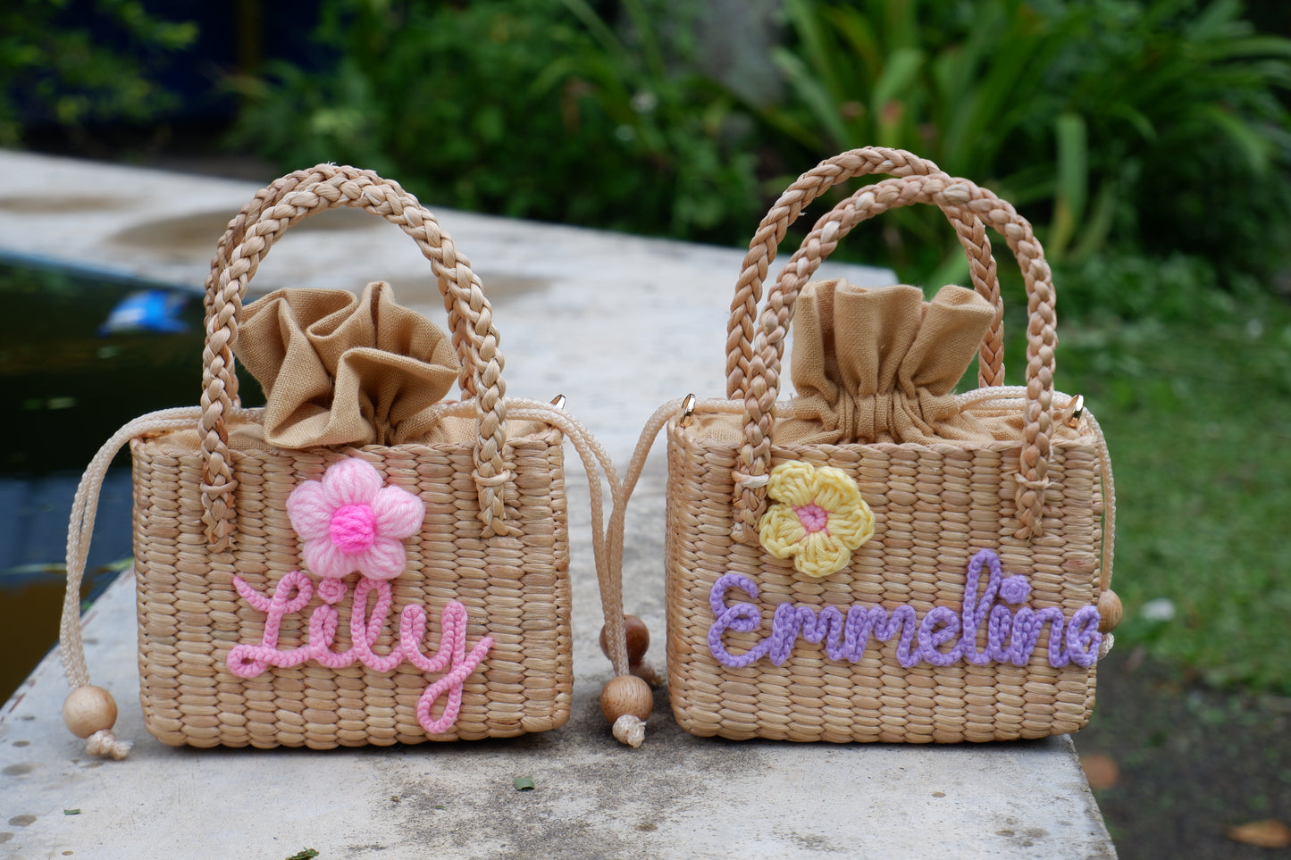 Personalized Handmade Water Hyacinth Bag | Custom Name Woven Straw Purse for Girls | Flower Girl Basket Bag