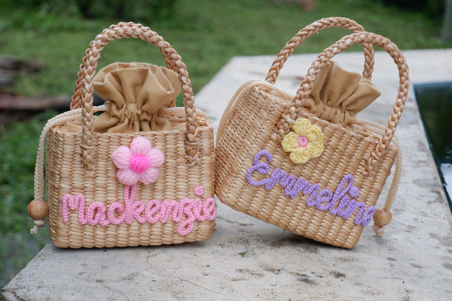 Personalized Handmade Water Hyacinth Bag | Custom Name Woven Straw Purse for Girls | Flower Girl Basket Bag