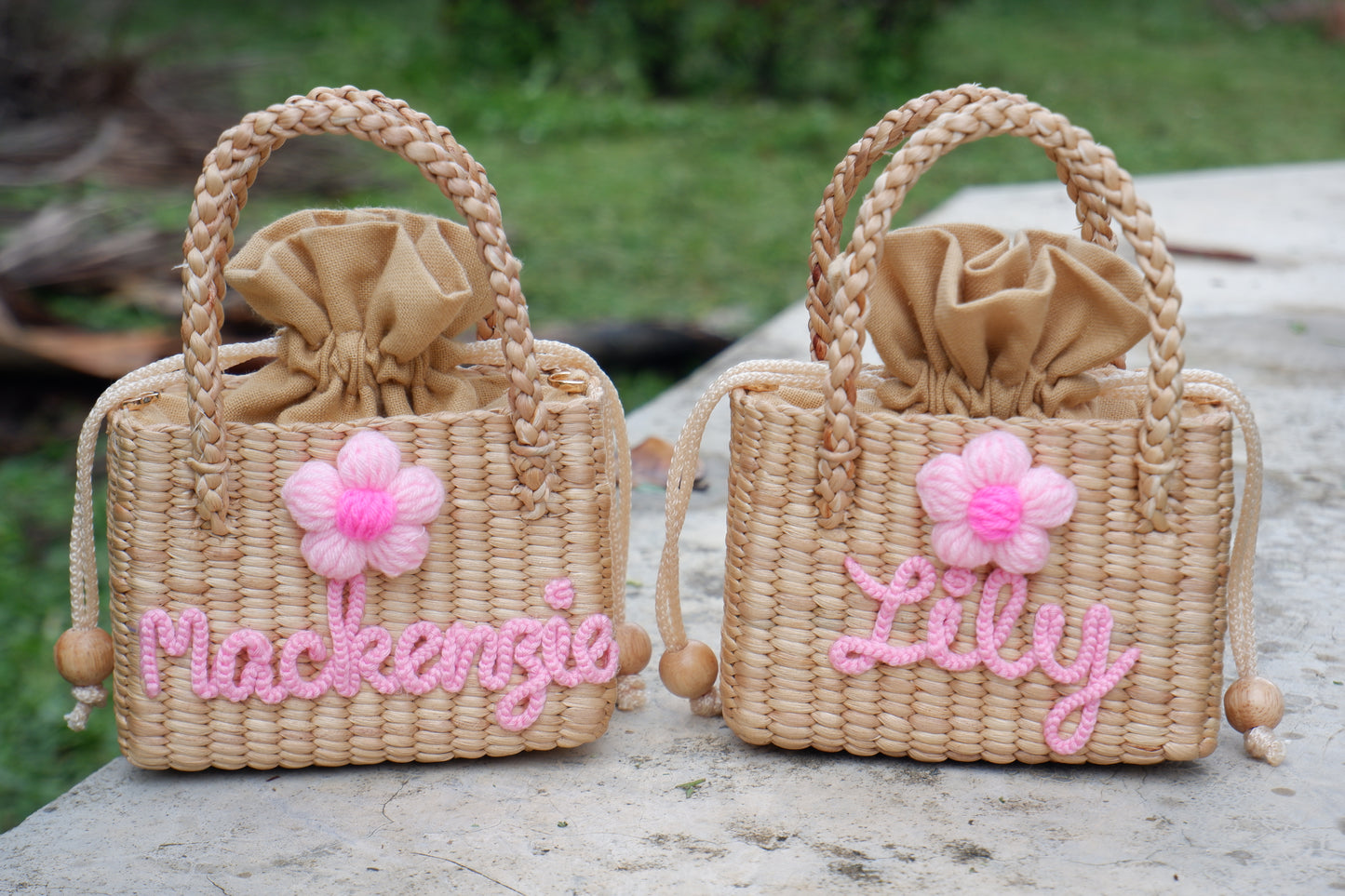 Personalized Handmade Water Hyacinth Bag | Custom Name Woven Straw Purse for Girls | Flower Girl Basket Bag