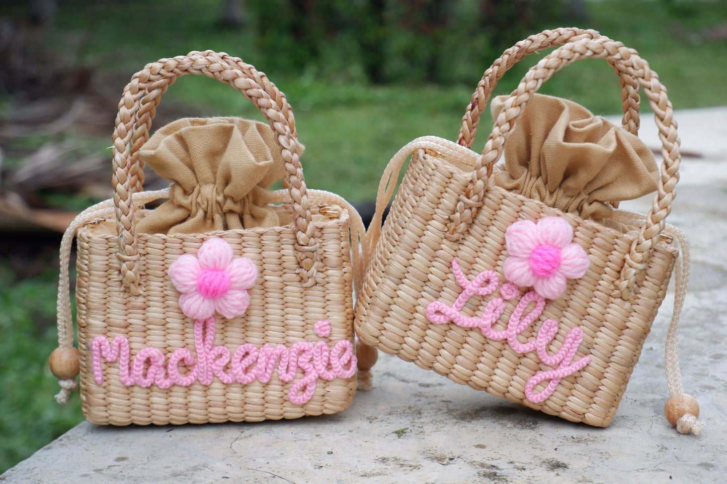 Personalized Handmade Water Hyacinth Bag | Custom Name Woven Straw Purse for Girls | Flower Girl Basket Bag