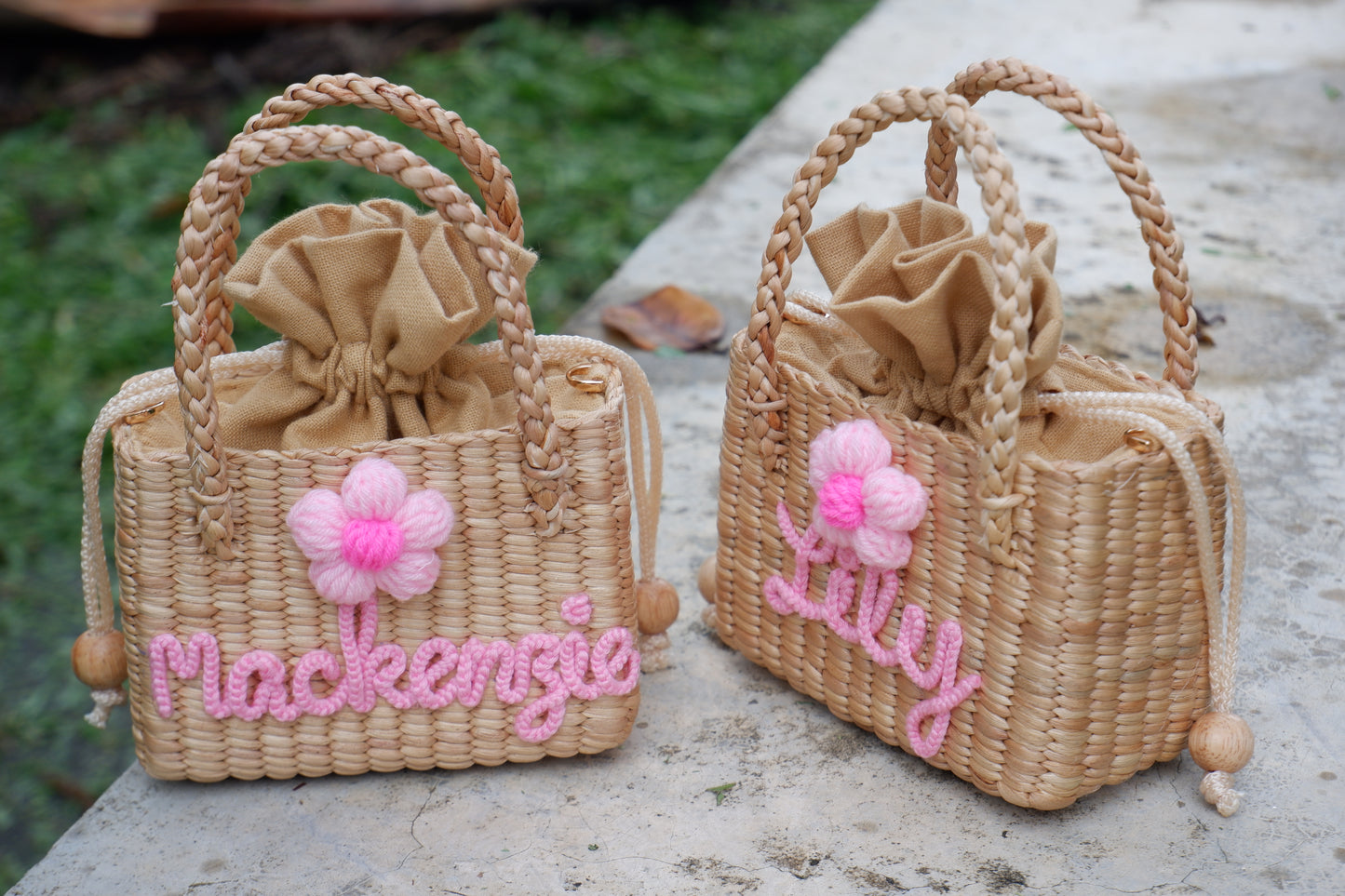 Personalized Handmade Water Hyacinth Bag | Custom Name Woven Straw Purse for Girls | Flower Girl Basket Bag