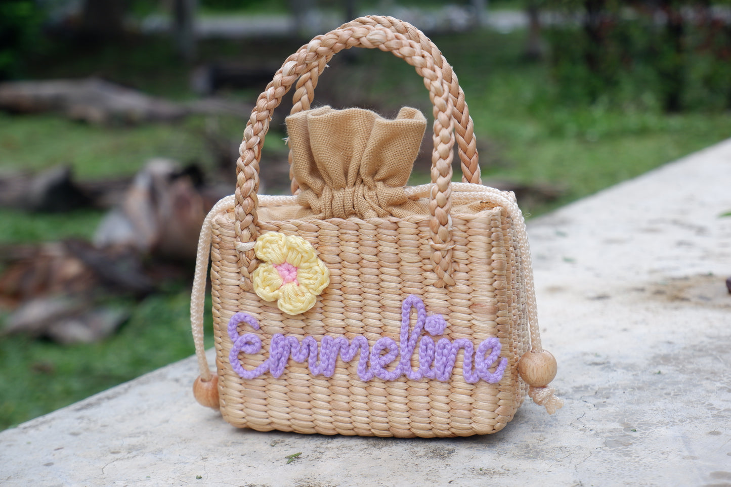Personalized Handmade Water Hyacinth Bag | Custom Name Woven Straw Purse for Girls | Flower Girl Basket Bag