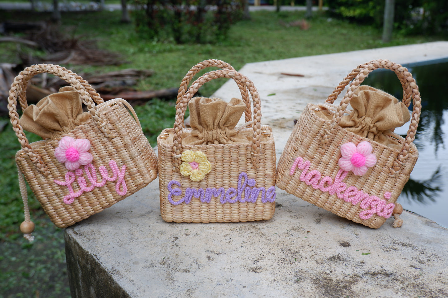 Personalized Handmade Water Hyacinth Bag | Custom Name Woven Straw Purse for Girls | Flower Girl Basket Bag