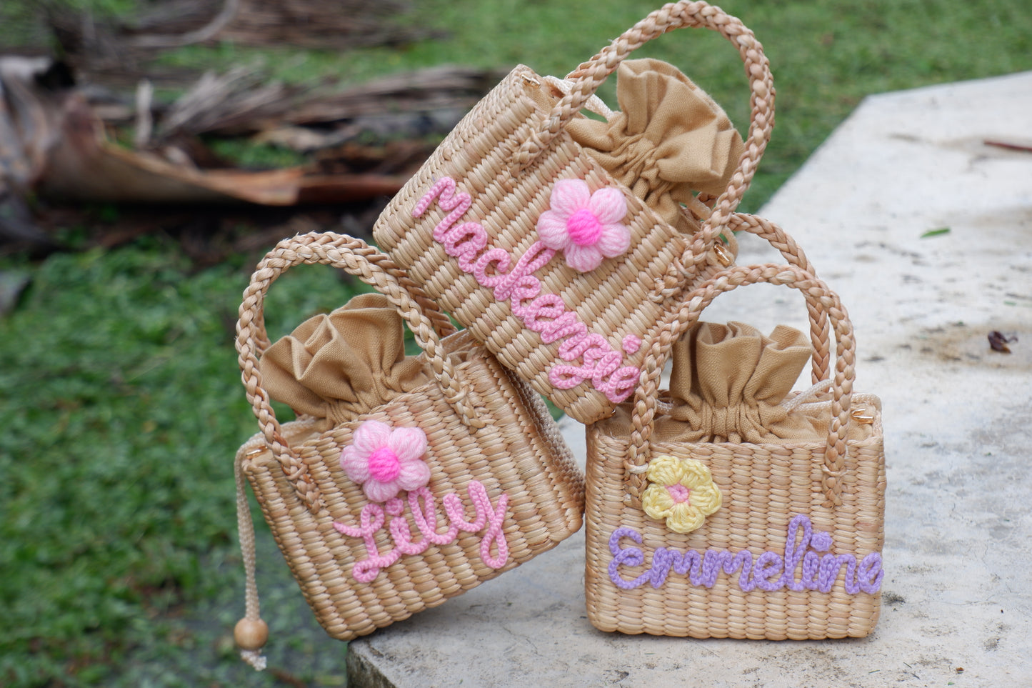 Personalized Handmade Water Hyacinth Bag | Custom Name Woven Straw Purse for Girls | Flower Girl Basket Bag