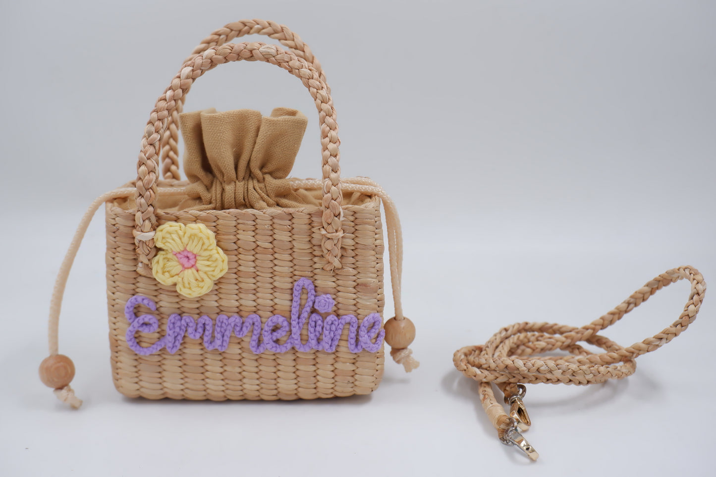 Personalized Handmade Water Hyacinth Bag | Custom Name Woven Straw Purse for Girls | Flower Girl Basket Bag
