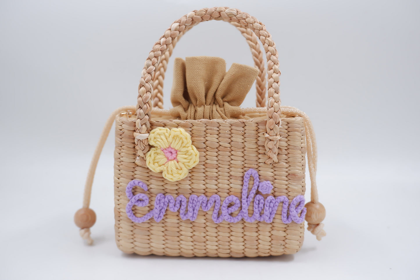Personalized Handmade Water Hyacinth Bag | Custom Name Woven Straw Purse for Girls | Flower Girl Basket Bag