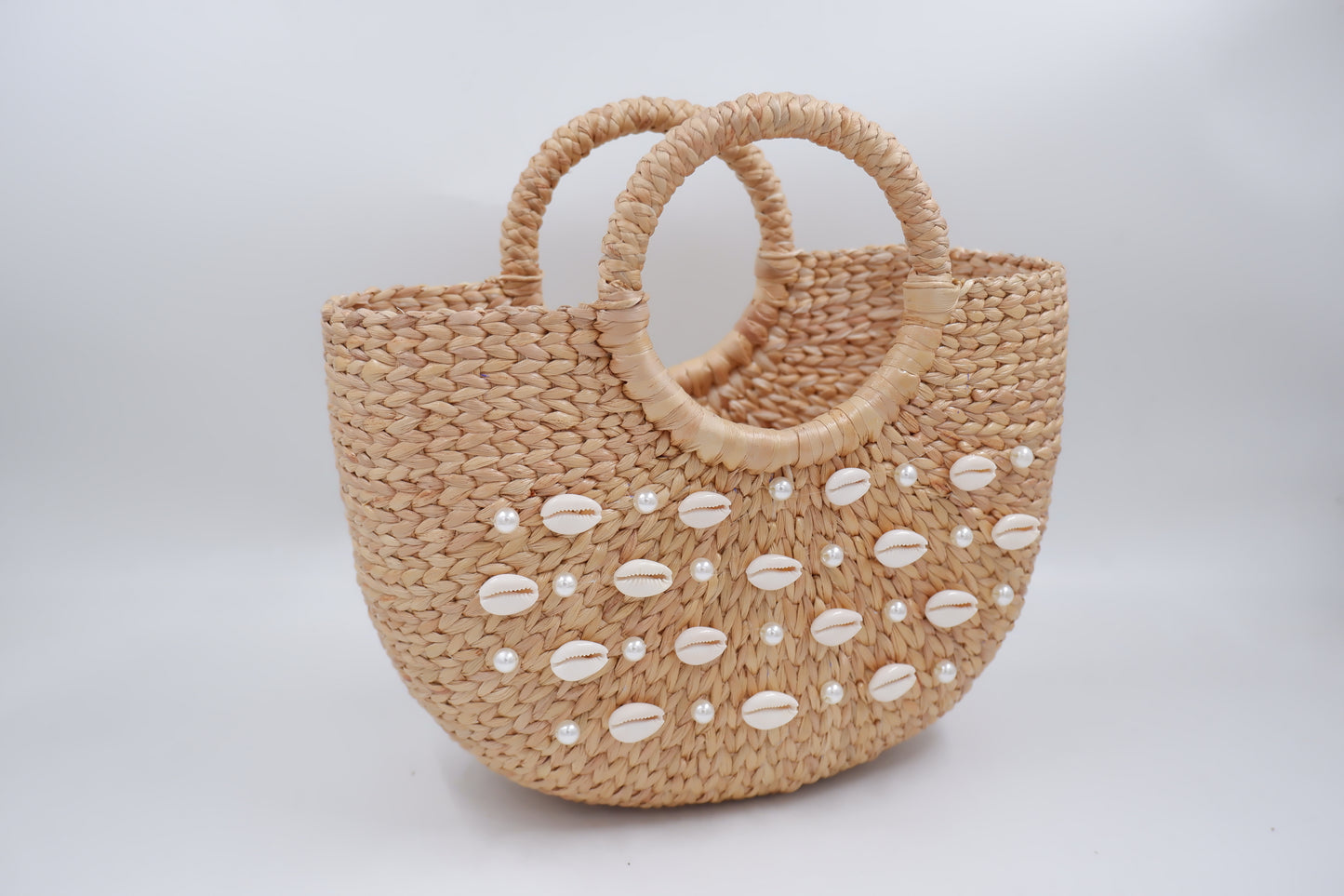 straw beach bag with pearl and shell Women Beach Handmade Woven Tote Bag