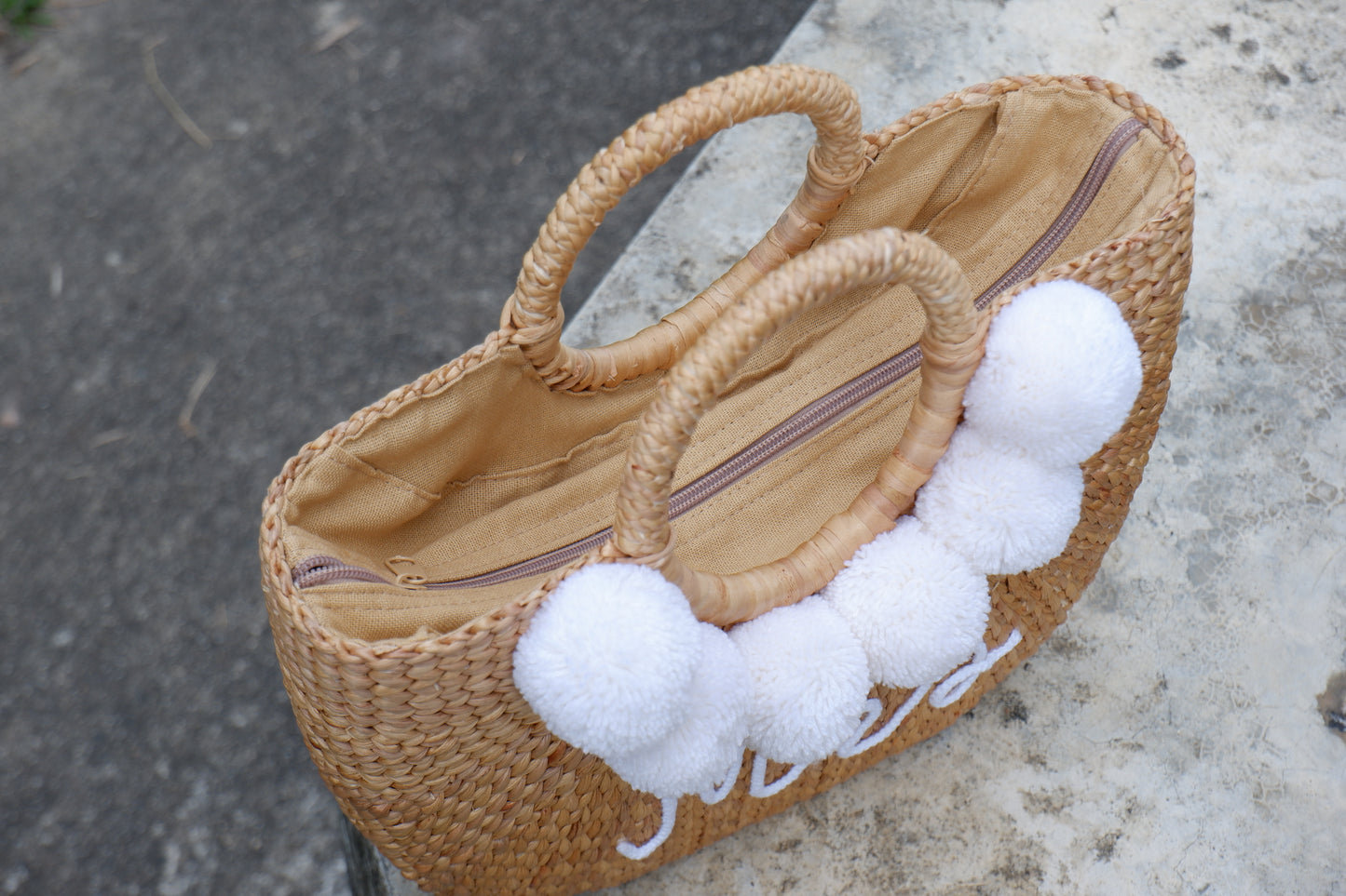 mrs beach bag with pom pom