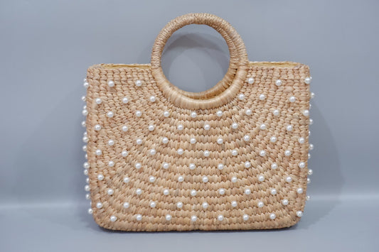 bridal straw bag, wedding handbag with pearls