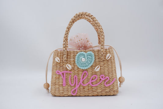 pink kids bag with shell , girl straw purse , straw bag for girls
