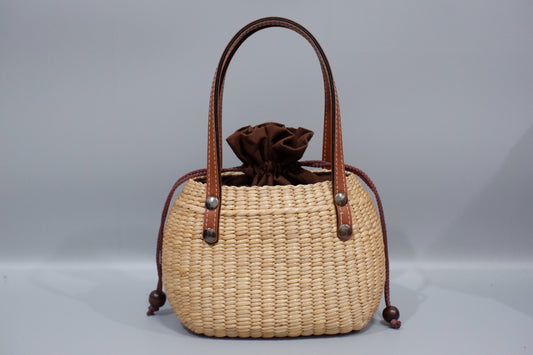 Handmade Water Hyacinth Straw Basket with Leather Handles