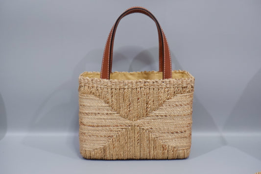 Handmade Water Hyacinth Straw Bag Eco-Friendly Woven Tote for Summer with Leather Handles