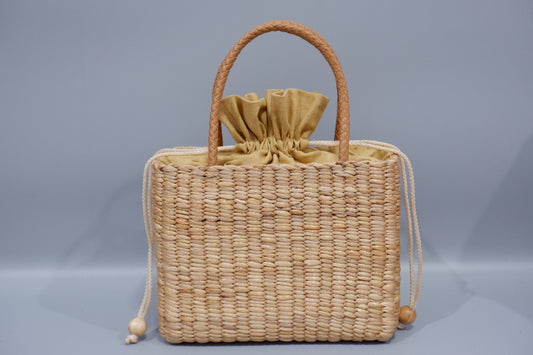 Handmade Water Hyacinth Straw Basket with Leather Handles