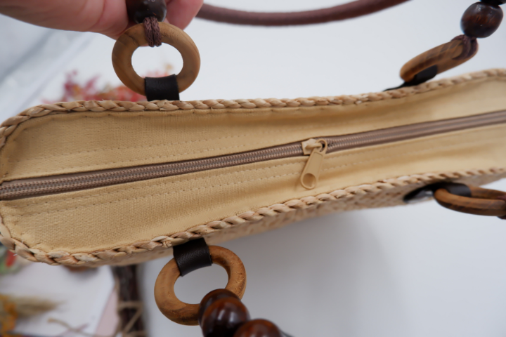 straw tote bag with wood beads handle