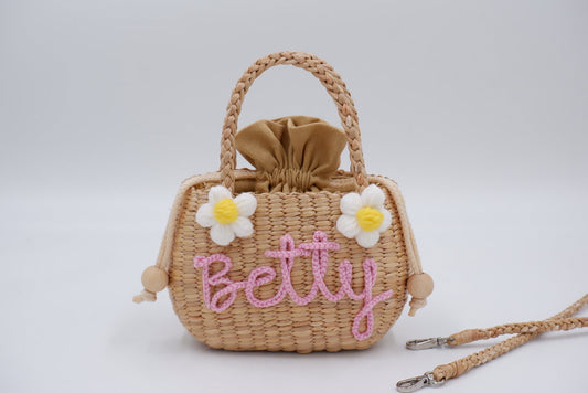 Kids straw bag , flower girl purse wicker